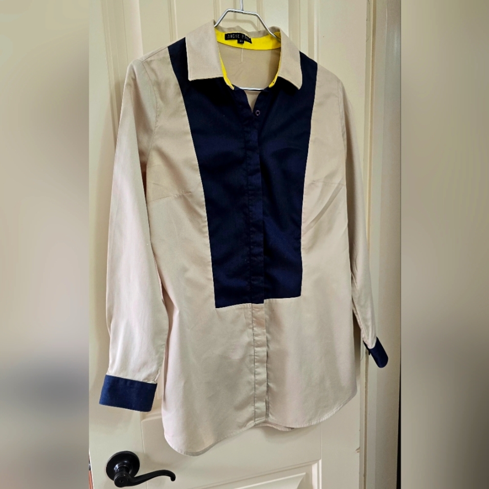Andre Badi  Cream and Blue Casual Button Down Shirt
